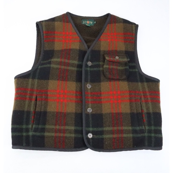 J.CREW Other - Vintage J. Crew Wool Sherpa Lined Hunting Vest Men's XL Wool Brown Plaid Oarsman